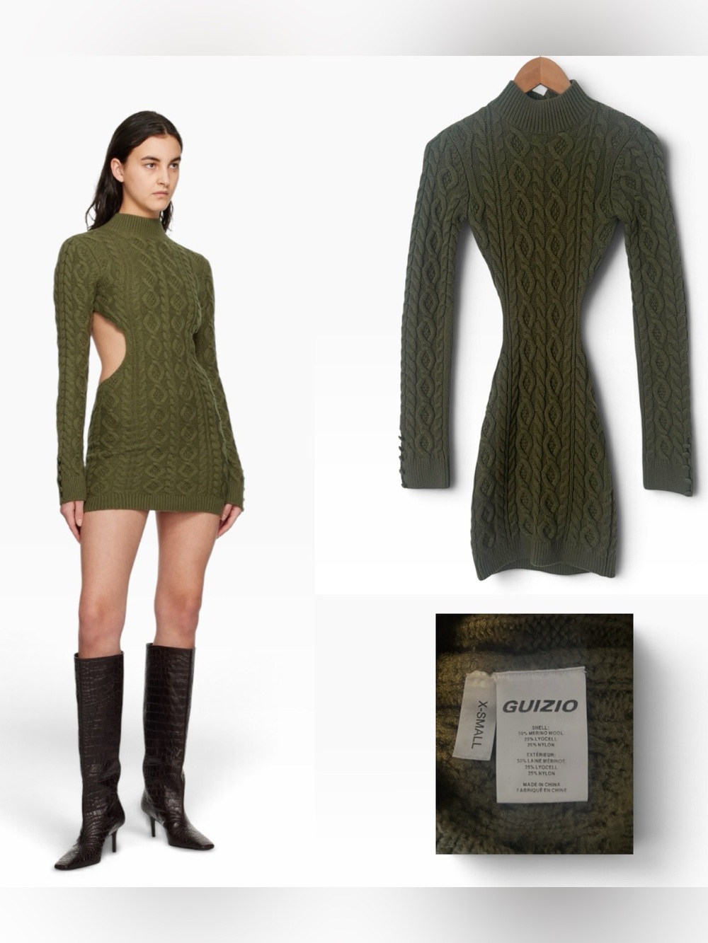 Danielle Guizio Wool Cable Knit Green Backless Minidress - Size XS